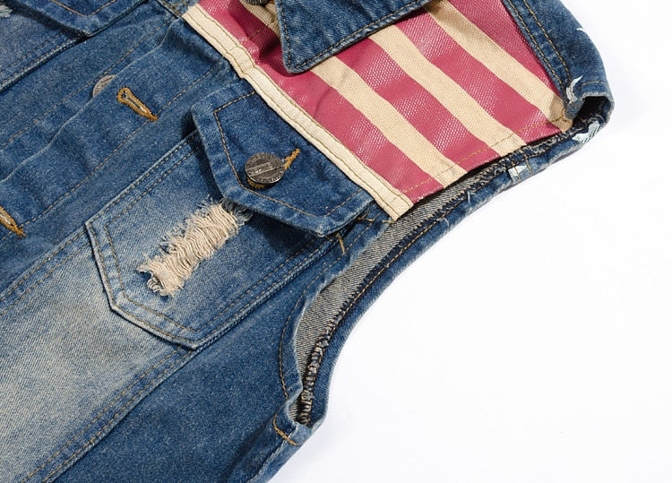 Vest Men Cowboy Ripped Sleeveless Vintage Jacket Tank Spring USA Flag washed Jeans Vest Plus Size 5XL