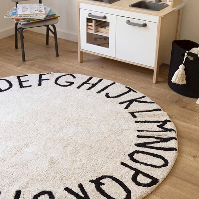 Tapis rond en coton avec lettres, rose doux, gris, zone de jeu pour animaux de compagnie, salon, décoration de chambre d'enfants, accessoires de photographie