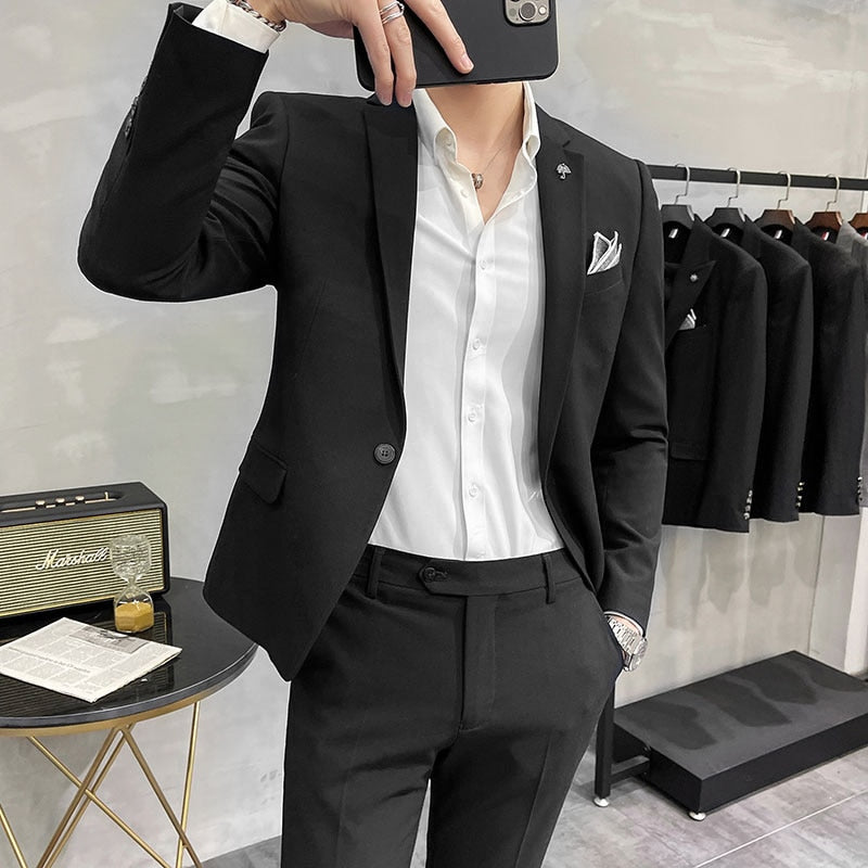 Men's Suit Jacket with Pant Formal Slim Fit Business Work Wedding Stage Tuxedo Fashion Best Men Social Dress Suit 2 Pieces Sets