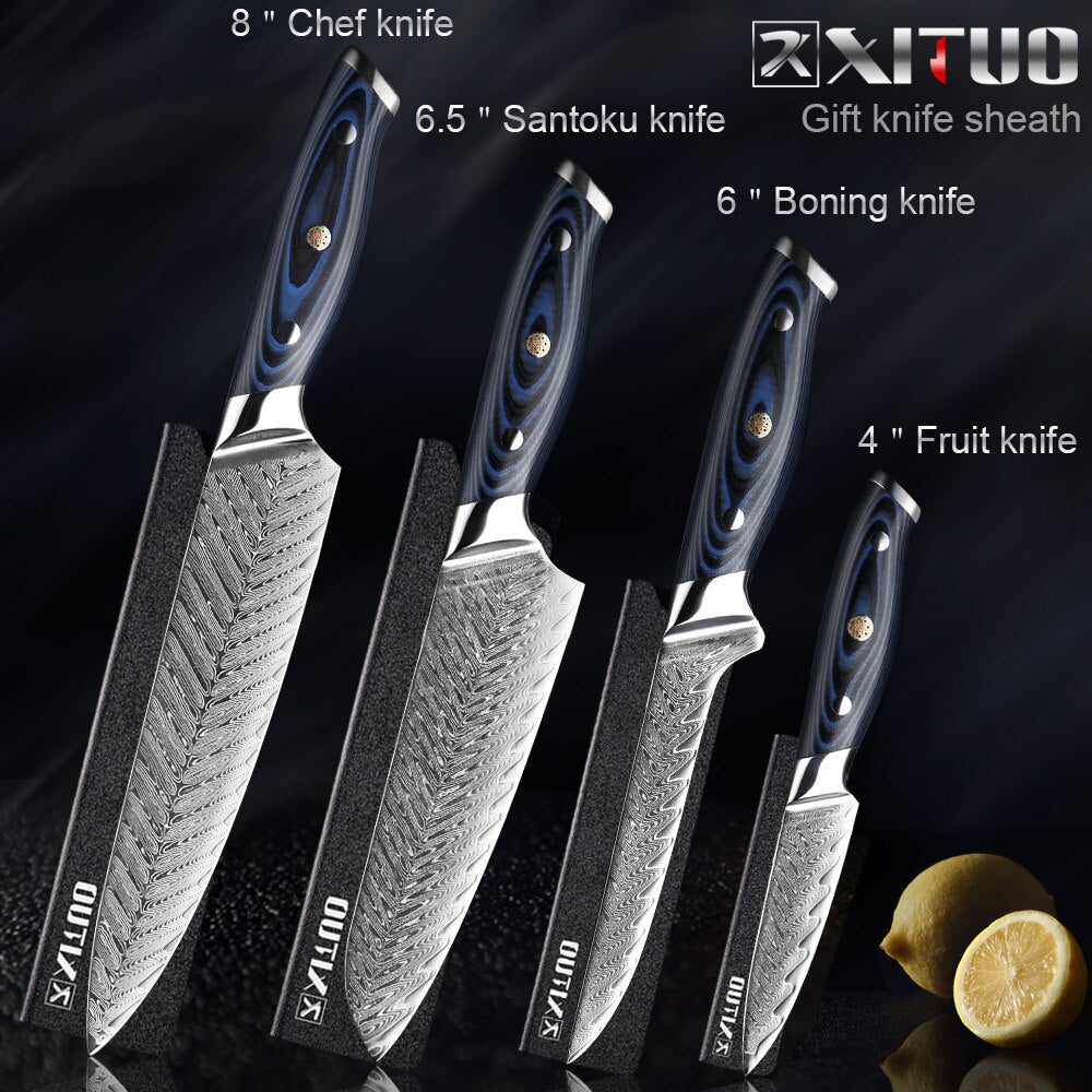 Cuchillo de Chef Damasco profesional Sankotu Cleaver deshuesado Juego de 4 cuchillos de cocina Gyuto herramienta de cocina exquisito mango de remache de ciruela