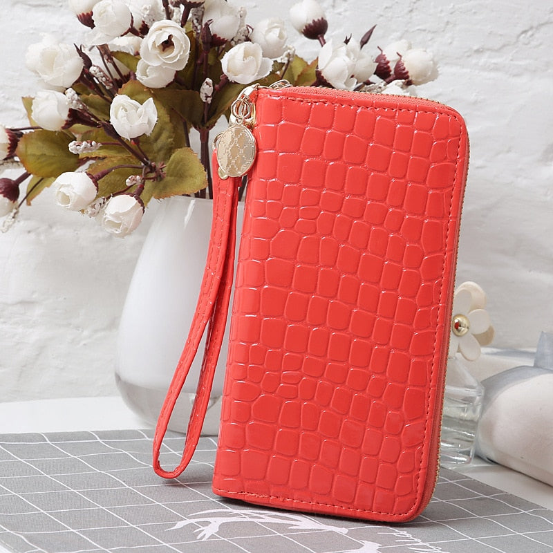 Cartera de cuero de grano de piedra para mujer, monedero largo con doble cremallera, cartera de mano de charol de gran capacidad, tarjetero de crédito