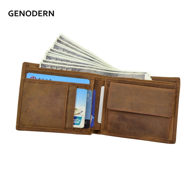 GENODERN Cartera de cuero Crazy Horse de estilo italiano para hombre, billeteras de cuero genuino, monedero marrón, carteras para hombre