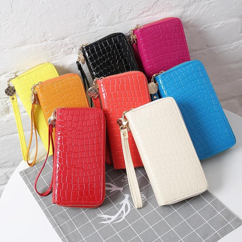 Stone Grain Leather Wallet Ladies Long Double Zipper Coin Purse Large-Capacity Patent Leather Hand Wallet Credit Card Holder