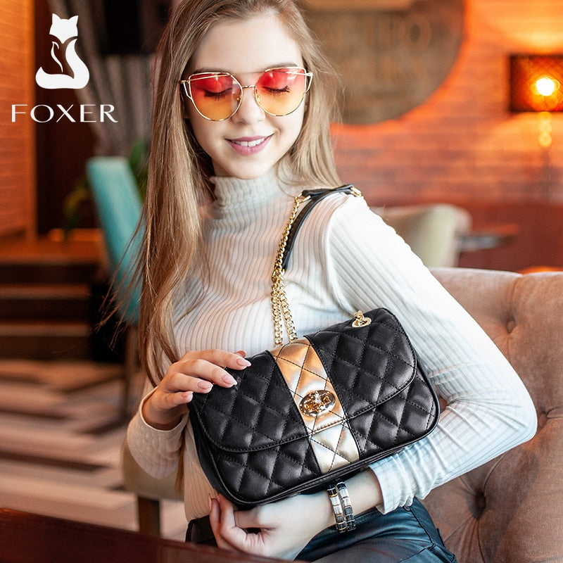 FOXER femmes bandoulière sac à bandoulière diamant treillis sac à main dame sac à main en cuir fendu chaîne sangle sac de messager cadeau de saint valentin