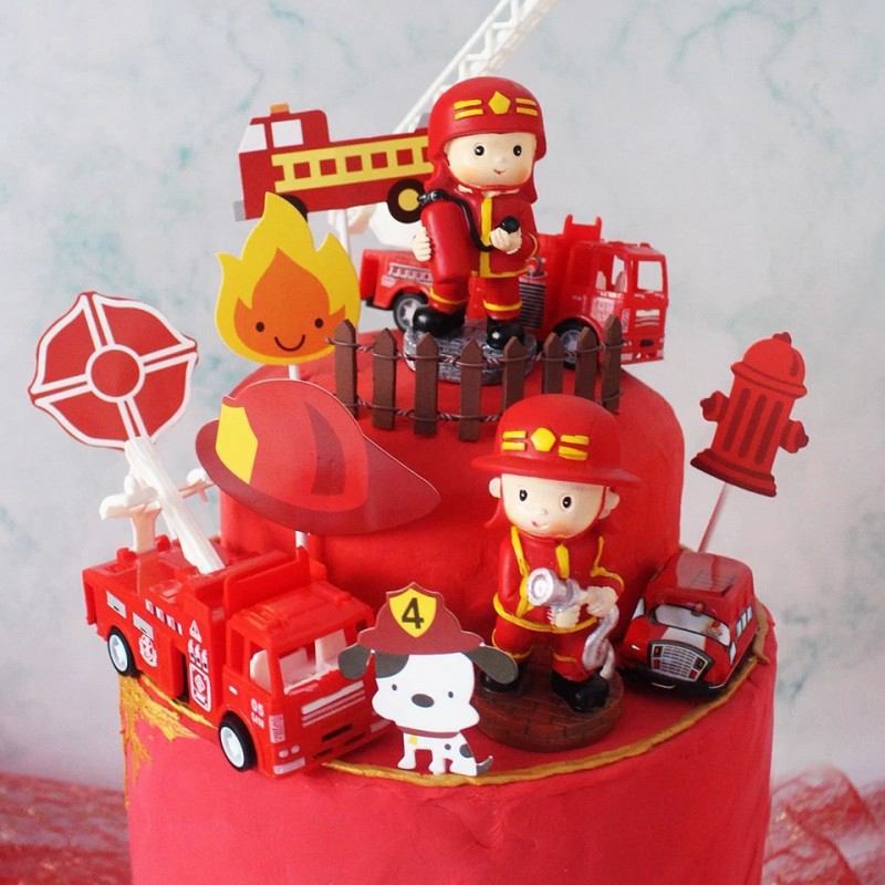 Fire Ladder Truck Fireman Cake Topper Birthday Party Water Tank Baby Shower Boy 1st One Year Happy Birthday Party Baking Gifts