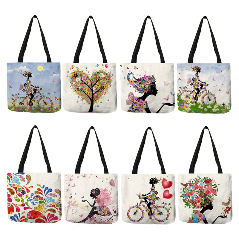 Bolsas de compras reutilizables de lino con estampado de Wishing Girl, bolsos de mano grandes para mujer, bolsos de moda 2020 con estampado personalizado