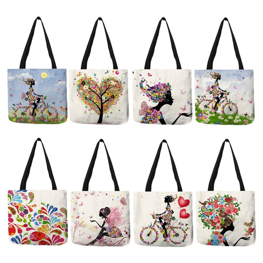 Wishing Girl Print Linen Reusable Shopping Bags Women Large Tote Bags 2020  Fashion Handbags With Customized Printed