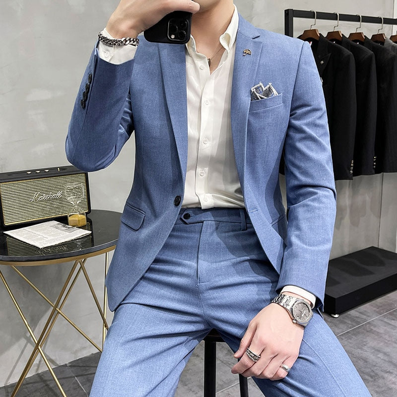 Men's Suit Jacket with Pant Formal Slim Fit Business Work Wedding Stage Tuxedo Fashion Best Men Social Dress Suit 2 Pieces Sets