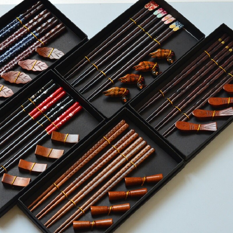 8PCS Housewarming 4 Chopsticks+4 chopsticks Holders Handmade Natural Wood Set