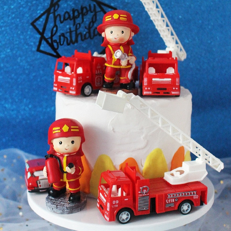 Fire Ladder Truck Fireman Cake Topper Birthday Party Water Tank Baby Shower Boy 1st One Year Happy Birthday Party Baking Gifts