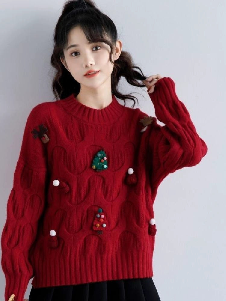 Autumn and Winter Three-Dimensional Knitted Long Sleeve Sweater Student Christmas