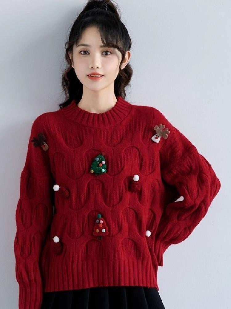 Autumn and Winter Three-Dimensional Knitted Long Sleeve Sweater Student Christmas