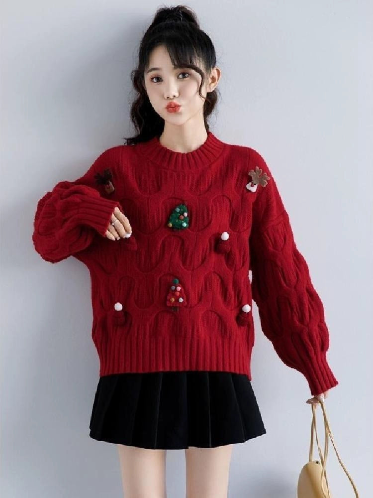 Autumn and Winter Three-Dimensional Knitted Long Sleeve Sweater Student Christmas