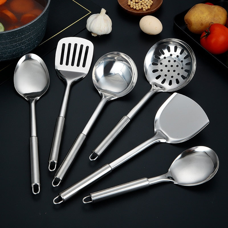 Ensemble d'outils de cuisine moderne en acier inoxydable, spatule à frire, cuillère à soupe, barbecue à long manche, fourchette à viande, passoire de service, Gadget domestique