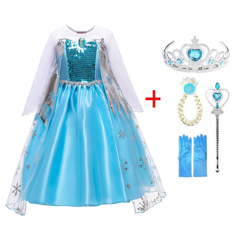 Princess Girl Dresses Snow Queen Elsa Costume For Kids Cosplay Dress Up Halloween Christmas Carnival Patrty Clothing 4-10Y