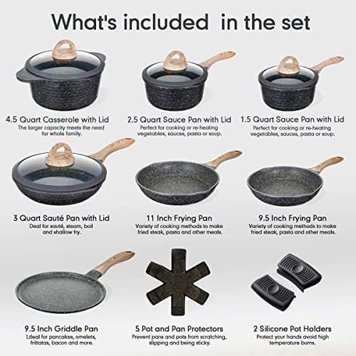 Juego de sartenes antiadherentes 20 piezas, juegos de utensilios de cocina saludables, juego de cocina de inducción con sartenes de piedra de granito gris, cacerolas, S