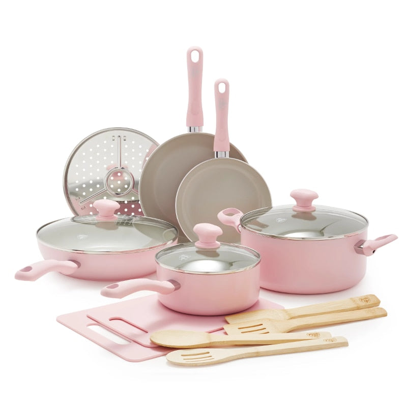 Ceramic Nonstick Pink 15pc Set  Cookware Sets Pots and Pans