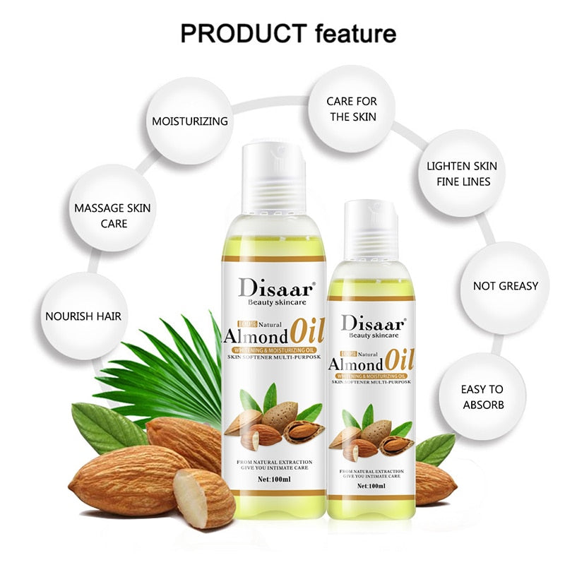 Aceite de almendras orgánico Natural de 100ml, aceite facial antiarrugas, aceite de masaje relajante, aceite reafirmante para la piel, productos para el cuidado de la piel