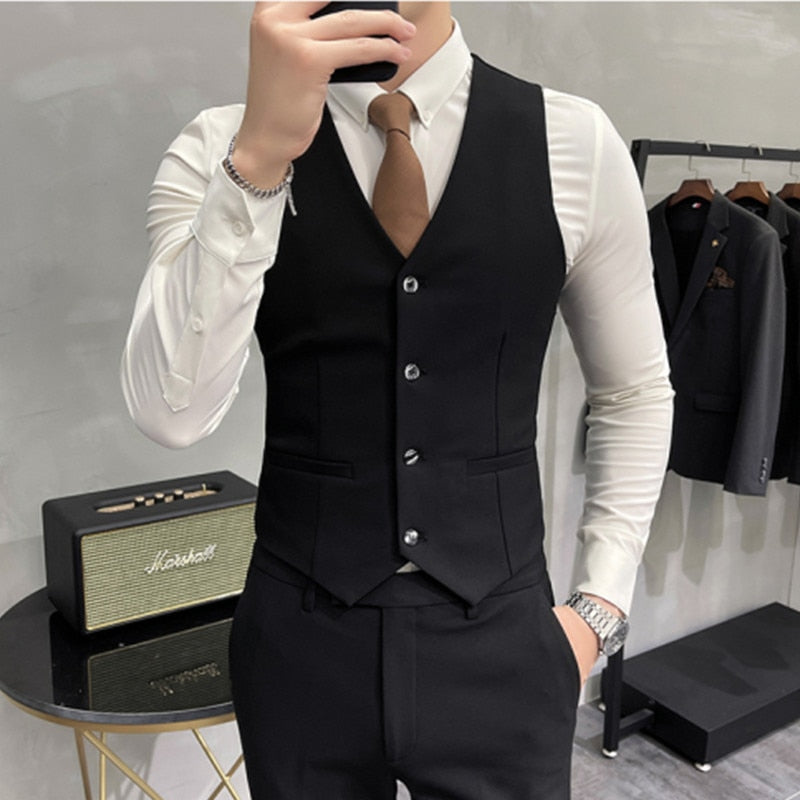 (Chaqueta + chaleco + Pantalones) marca de gama alta Boutique moda Color sólido traje de negocios informal para hombre conjunto de 3 piezas vestido de novia para novio