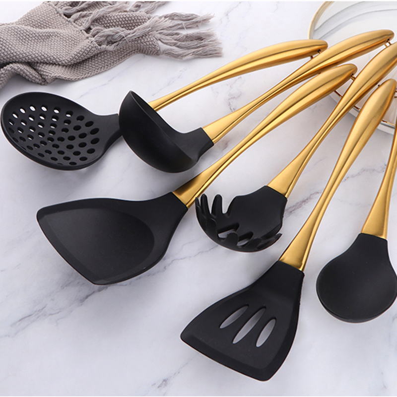 Silicone Cooking Utensils Set with Stainless Steel Handle Non-Stick Spatula Colander Pasta Soup Spoon Frying Shovel Kitchenware