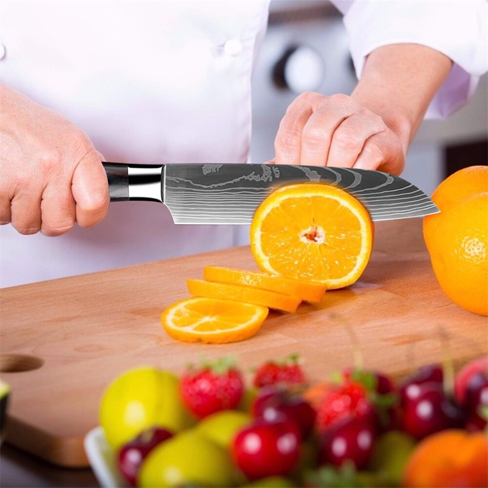 Cuchillo Santoku de acero rico en carbono, cuchillos de cocina de 5 pulgadas para cortar frutas y verduras, mango de Pakkawood