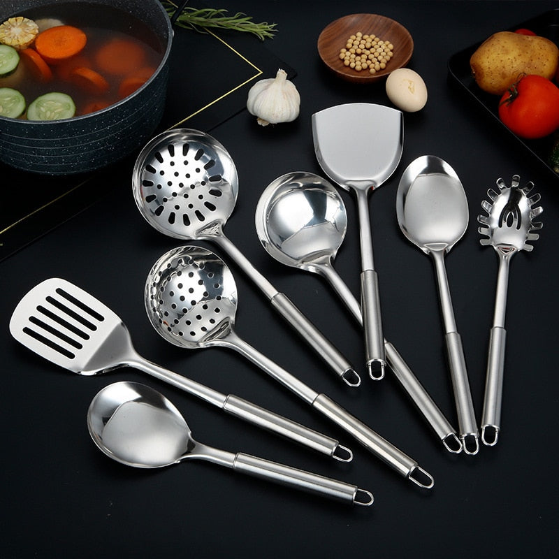 Juego de utensilios de cocina modernos de acero inoxidable, espátula para freír, cuchara para sopa, mango largo, tenedor para carne, colador para servir, aparato para el hogar