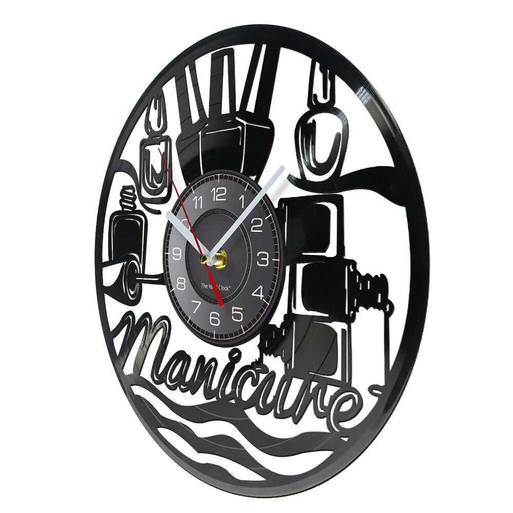 Reloj de pared con diseño de manicura, tienda de belleza de moda, arte de pared, salón de uñas, disco de vinilo, reloj de pared, belleza de uñas, decoración del hogar, regalo para ella