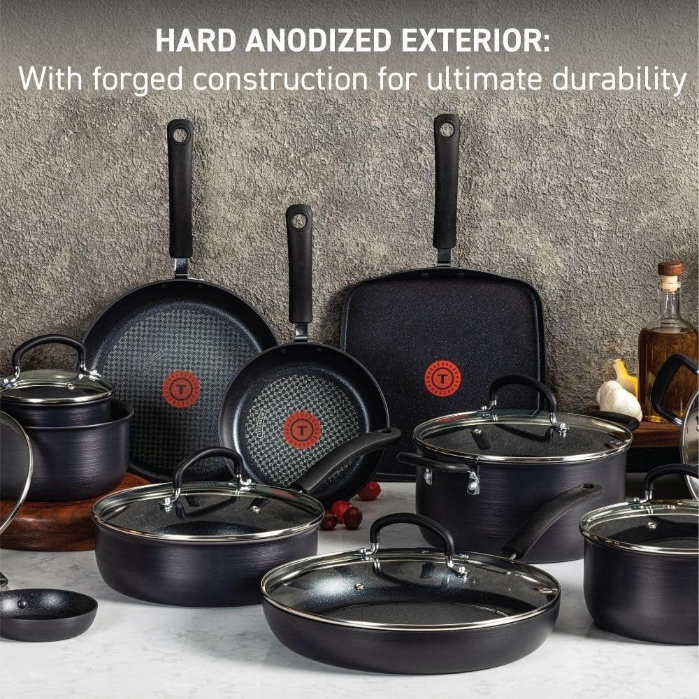 T-fal Ultimate Hard Anodized Nonstick 17-Piece Kitchen Cookware Set,Riveted Silicone Handles for Comfortable Cooking Pots Set