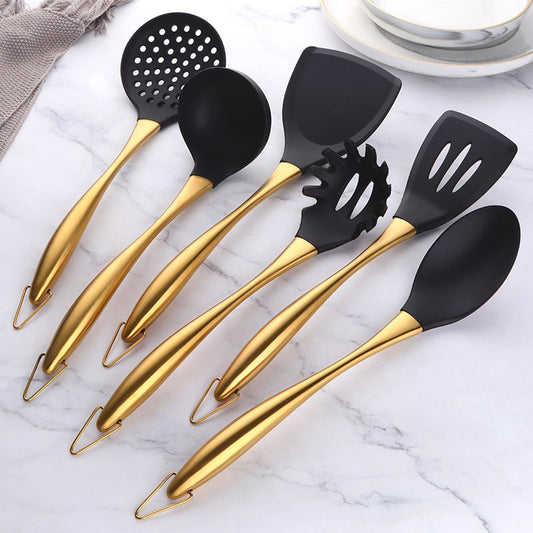 Ensemble d'ustensiles de cuisine en Silicone avec manche en acier inoxydable, spatule antiadhésive, passoire, cuillère à soupe pour pâtes, pelle à frire, ustensiles de cuisine