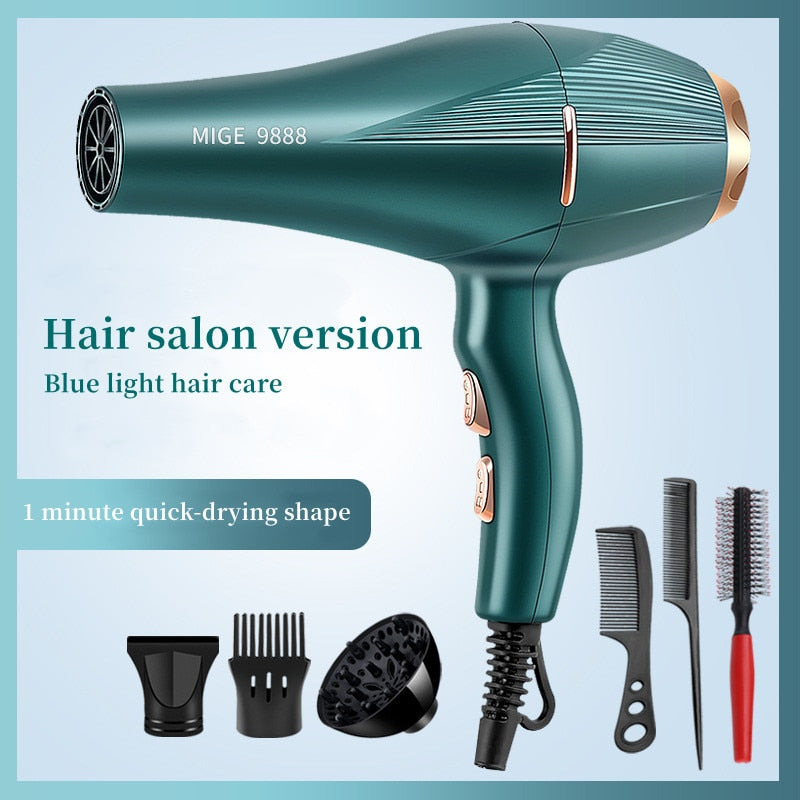 Secador de pelo profesional de alta velocidad, 2300W, potencia ultraalta, secado rápido, luz azul, silenciador de iones, recomendado para salones de belleza domésticos