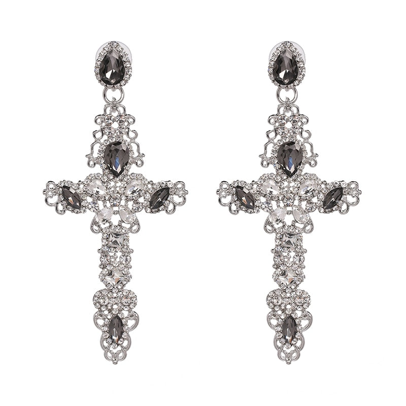 JURAN Vintage Long Crystal Cross Dangle Earring Gold Metal with Gems Goth Earrings for Women Luxury Jewelry Pendant 2023 New