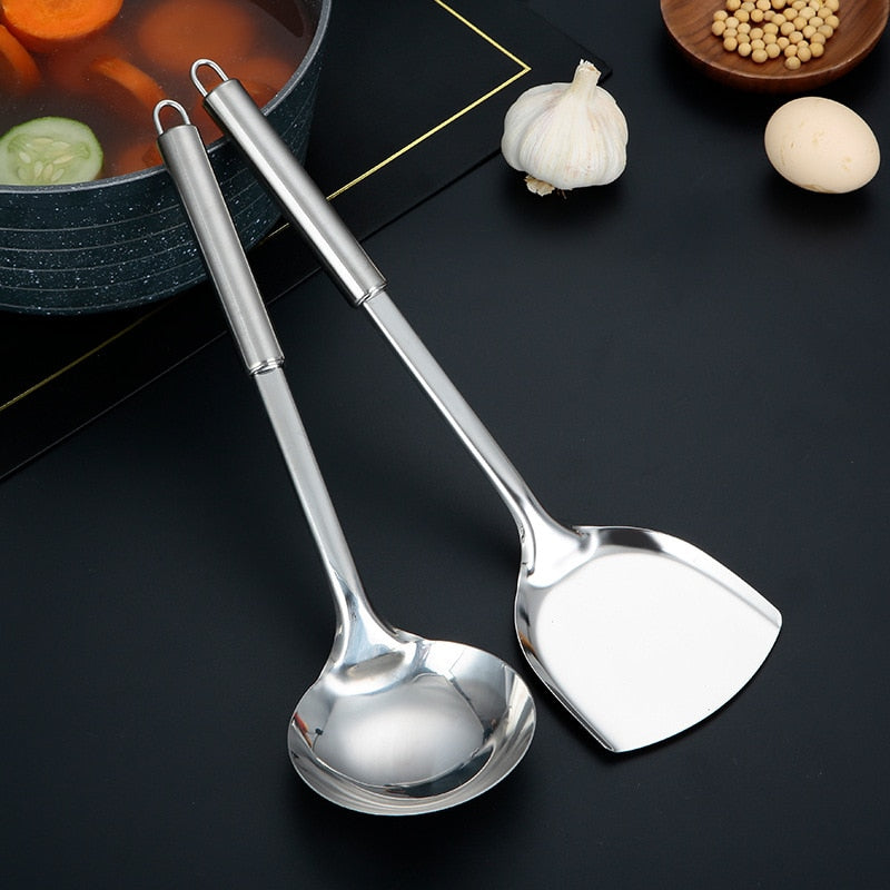 Ensemble d'outils de cuisine moderne en acier inoxydable, spatule à frire, cuillère à soupe, barbecue à long manche, fourchette à viande, passoire de service, Gadget domestique