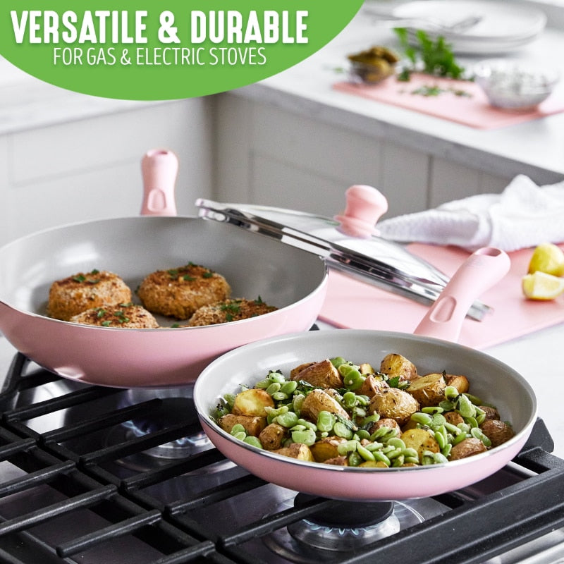 Ensemble de 15 ustensiles de cuisine antiadhésifs en céramique rose, casseroles et poêles