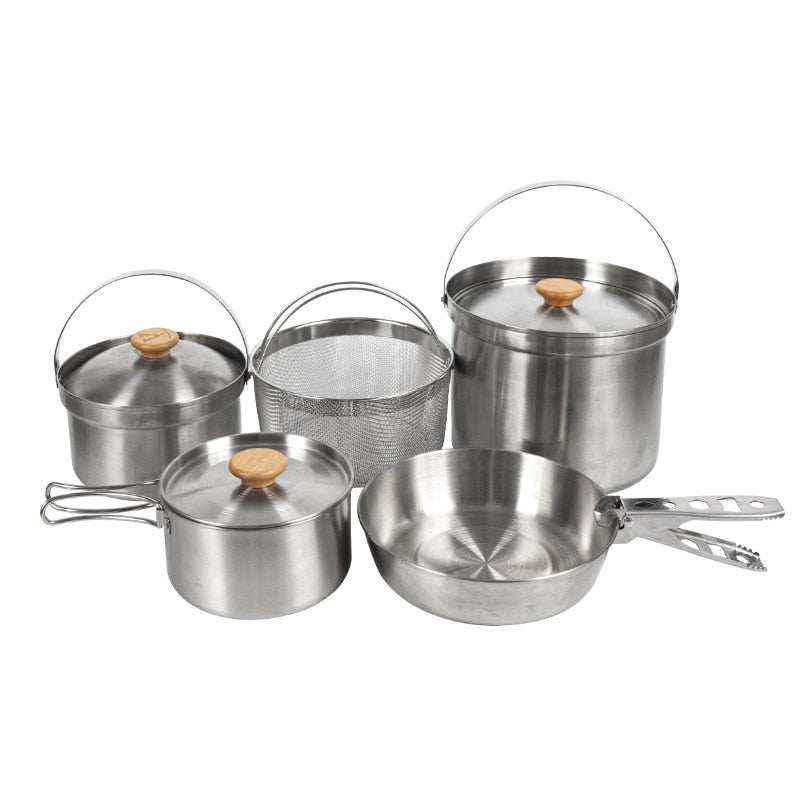 Outdoor Stainless Steel Pot Set Camping Family Pot Set 5L Portable Picnic Soup Pot Frying Steaming Household Pot