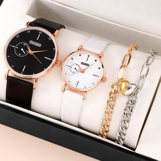 4pcs Fashion Simple Lovers Set Watches Luxury Men Women Leather Quartz Watch for Rose Gold Business Casual Bracelet Wristwatch