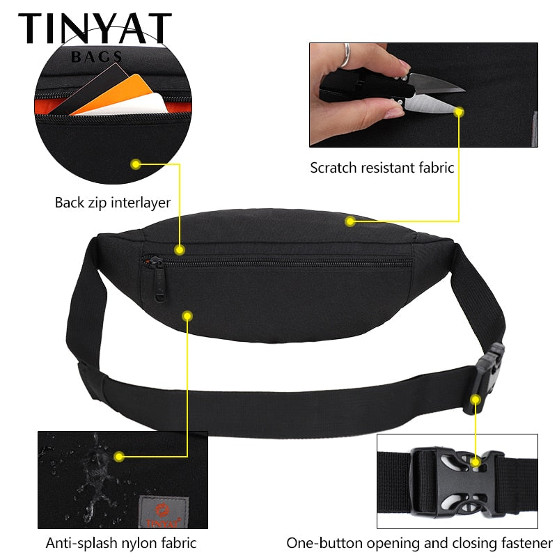 TINYAT nouveaux hommes sac banane décontracté marque toile épaule Fanny Packs femmes ceinture sac pochette pour argent téléphone noir Bum hanche sac