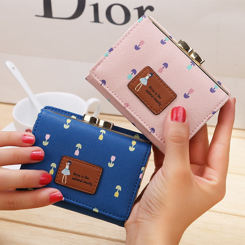 Cartera plegable para mujer, monedero pequeño y bonito de atajo, monedero de moda con flores para mujer, estuche para tarjetas, dulce y fresco