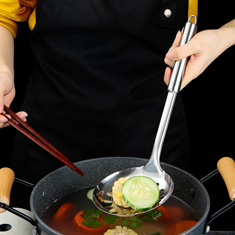 Ensemble d'outils de cuisine moderne en acier inoxydable, spatule à frire, cuillère à soupe, barbecue à long manche, fourchette à viande, passoire de service, Gadget domestique