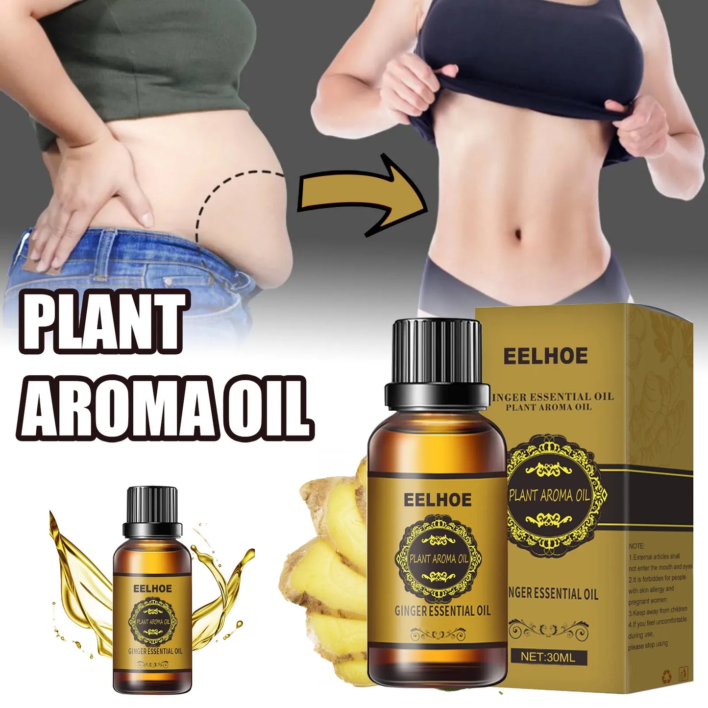 Eelhoe Ginger Essential Oil Firming Slimming Shaping Liquid Belly Sculpting Essential Promote Metabolism Full Body Massage Oil