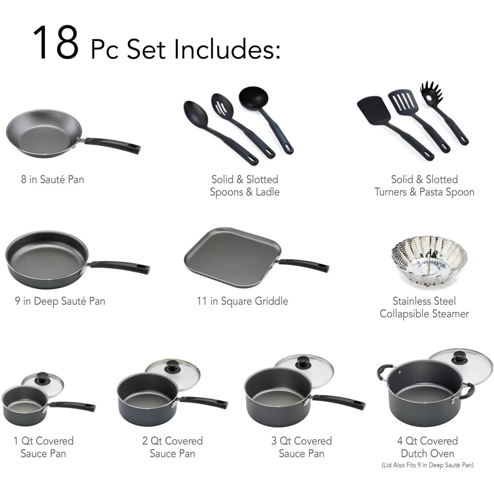 Primaware Batterie de cuisine antiadhésive 18 pièces, batterie de cuisine gris acier, casseroles et poêles de cuisine