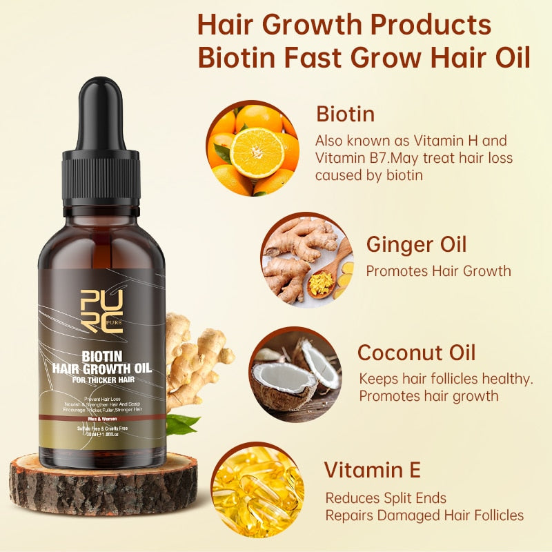 PURC productos para el crecimiento del cabello, aceite para el cabello con biotina, suero antipérdida de cabello de rápido crecimiento, tratamiento espesante para el cuero cabelludo para hombres y mujeres, cuidado del cabello