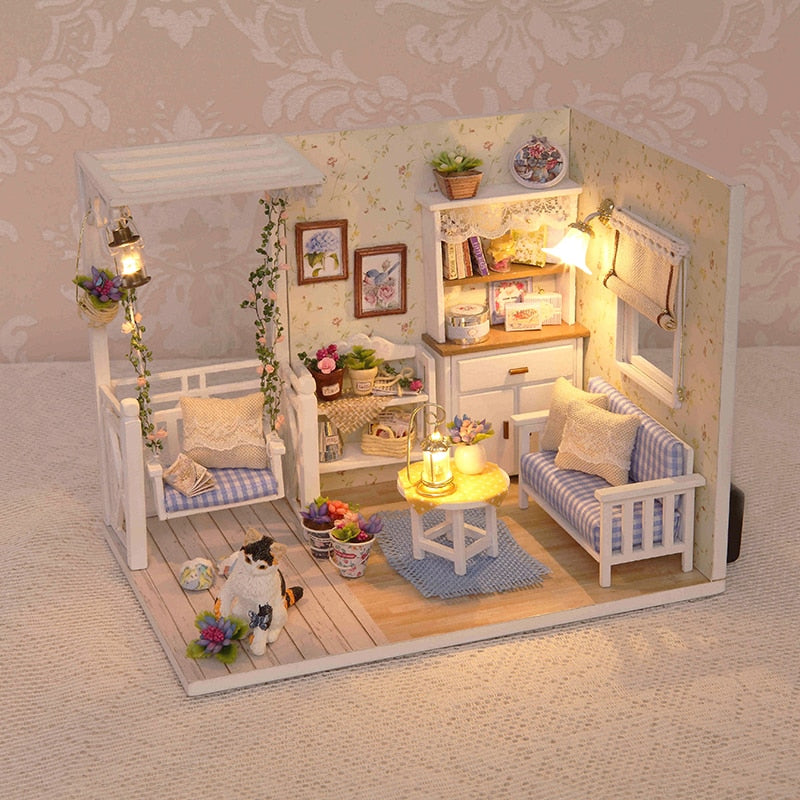 Muebles de Casa de muñecas Diy miniatura 3D Miniaturas de madera Casa de muñecas juguetes para niños regalos de cumpleaños Casa gatito diario H013