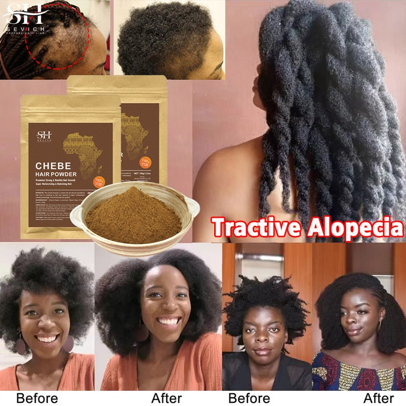 2023 nuevo 100g Chebe polvo África mujeres tracción Alopecia tratamiento aceite hombres crecimiento del cabello Spray tratamiento para la pérdida de cabello deshacerse de la peluca