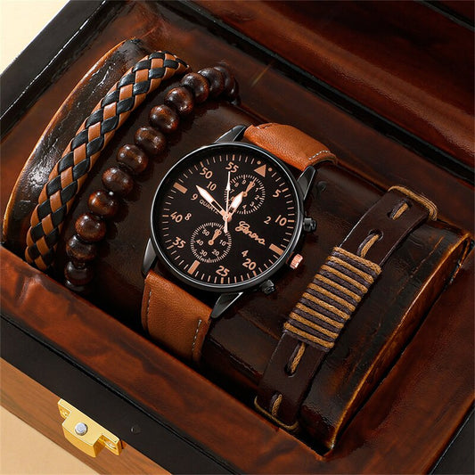 Nuevo reloj para hombre, conjunto de pulsera de lujo, relojes de pulsera de cuarzo de cuero marrón de negocios a la moda para hombre, conjunto de regalo, reloj Masculino