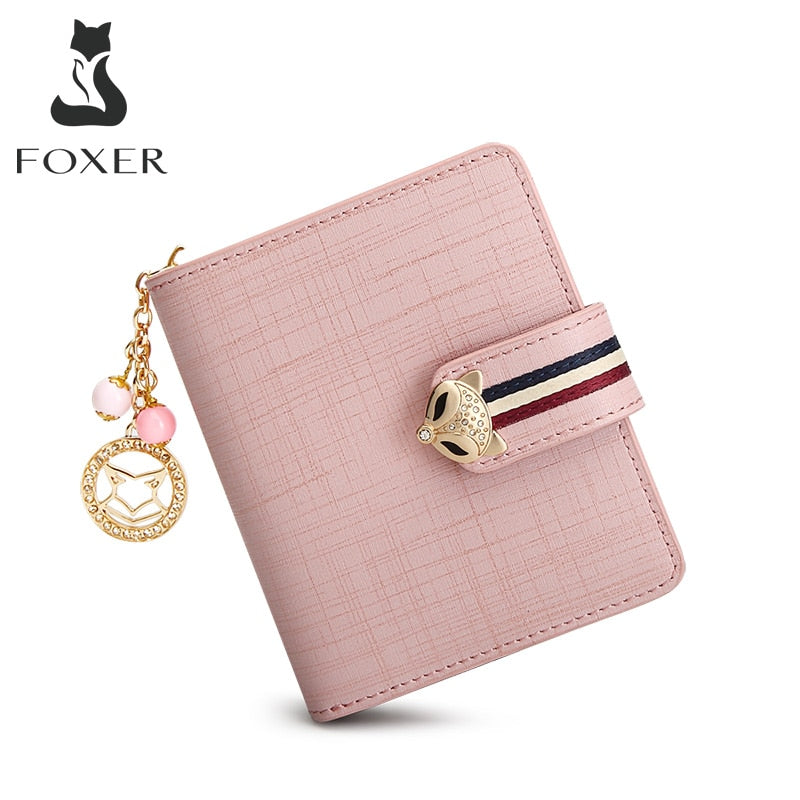 FOXER Card Holder Split Leather Women's Wallets Designer Coin Purse Girl's Zipper Wallet High Quality Short Wallet with Pendant