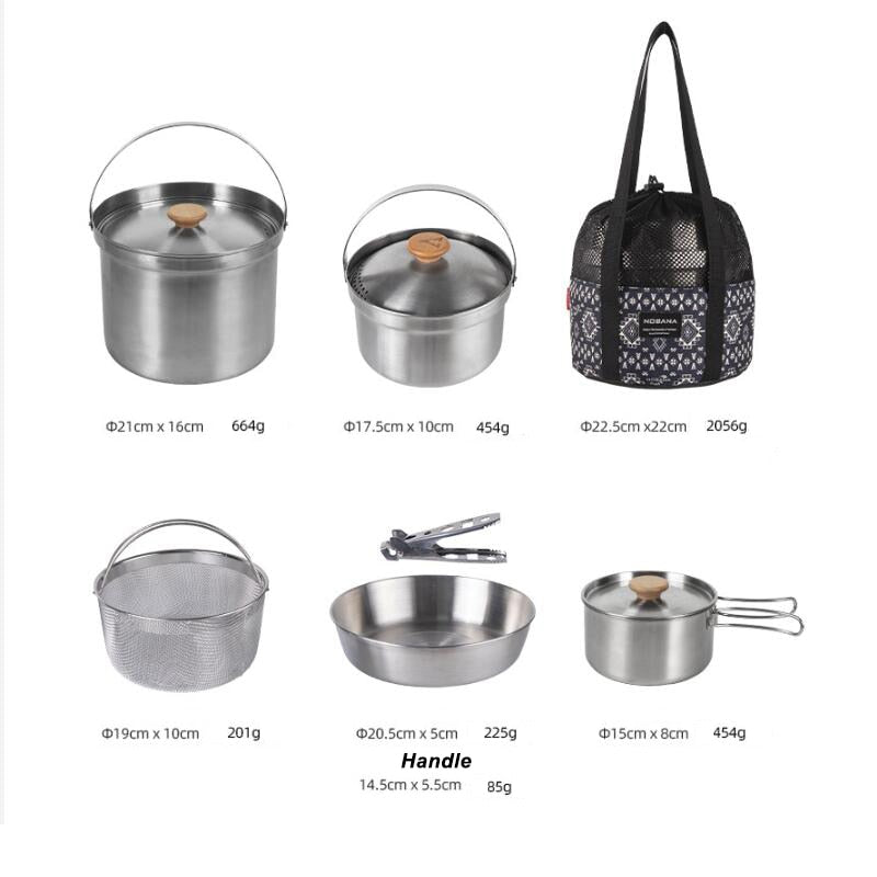 Outdoor Stainless Steel Pot Set Camping Family Pot Set 5L Portable Picnic Soup Pot Frying Steaming Household Pot