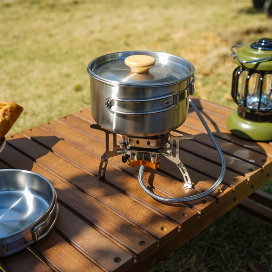 Ollas de acero inoxidable para exteriores, ollas para sopa y freír, juego de ollas para Picnic para el hogar, utensilios de cocina con mango plegable para acampar