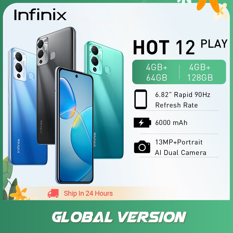 Version mondiale Infinix Hot 12 Play 4GB 64GB Smartphone 6000mAh batterie 6.82 ''HD + écran Helio G35 Android 11