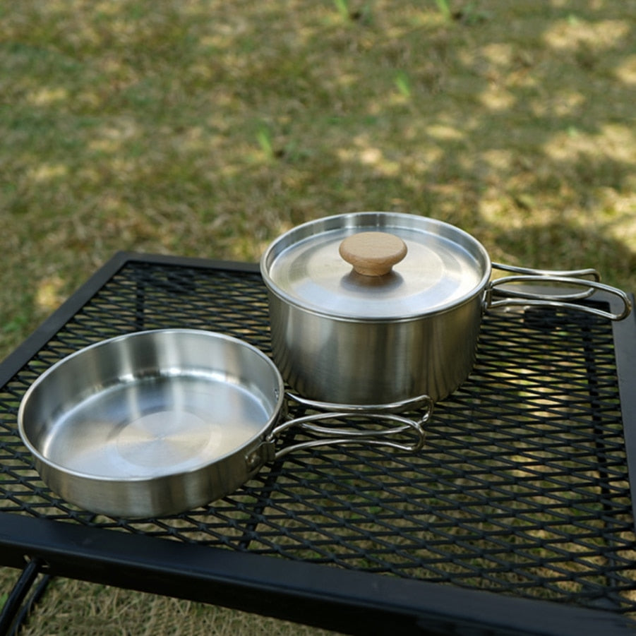 Outdoor Stainless Steel Pots Camping Soup Pots Frying Pan Household Picnic Pot Set  Foldable Handle Camping Cookware Supplies