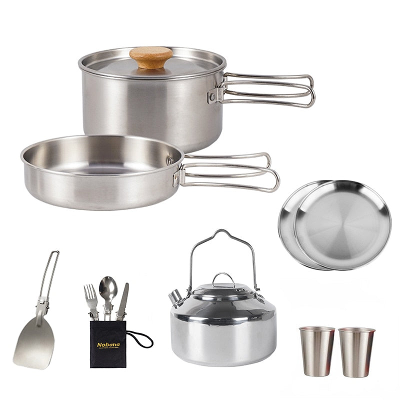 Outdoor Stainless Steel Pots Camping Soup Pots Frying Pan Household Picnic Pot Set  Foldable Handle Camping Cookware Supplies